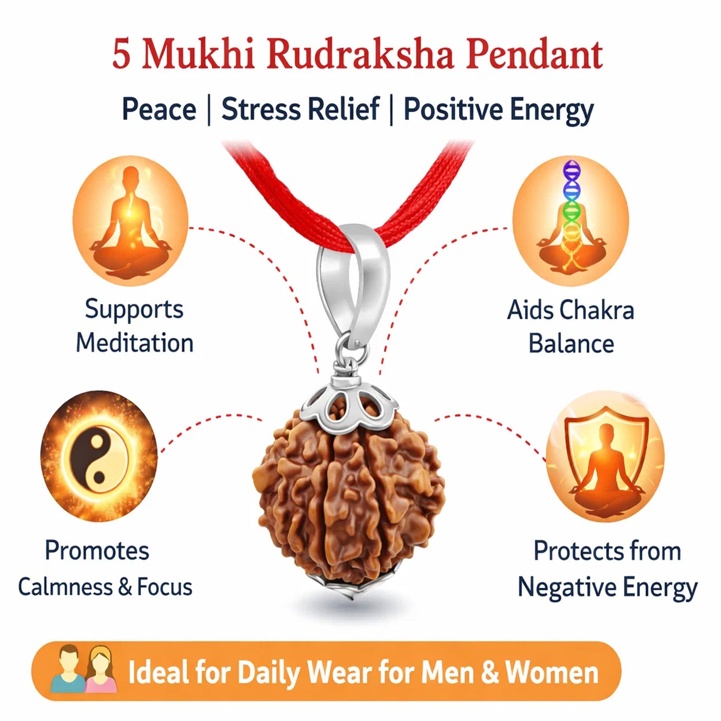 Pujan Store 5 Mukhi Rudraksha Pendant for Peace & Stress Relief – Natural Energized Bead for Spiritual Protection & Daily Positive Energy