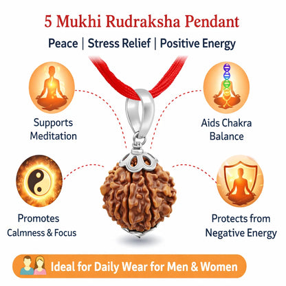 Pujan Store 5 Mukhi Rudraksha Pendant for Peace & Stress Relief – Natural Energized Bead for Spiritual Protection & Daily Positive Energy
